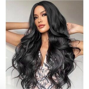 Lace front Human hair blend black wave wig.